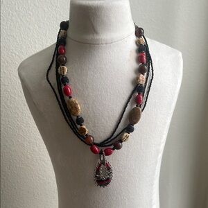 Chico's Red and Brown Beaded Necklace with Pendant